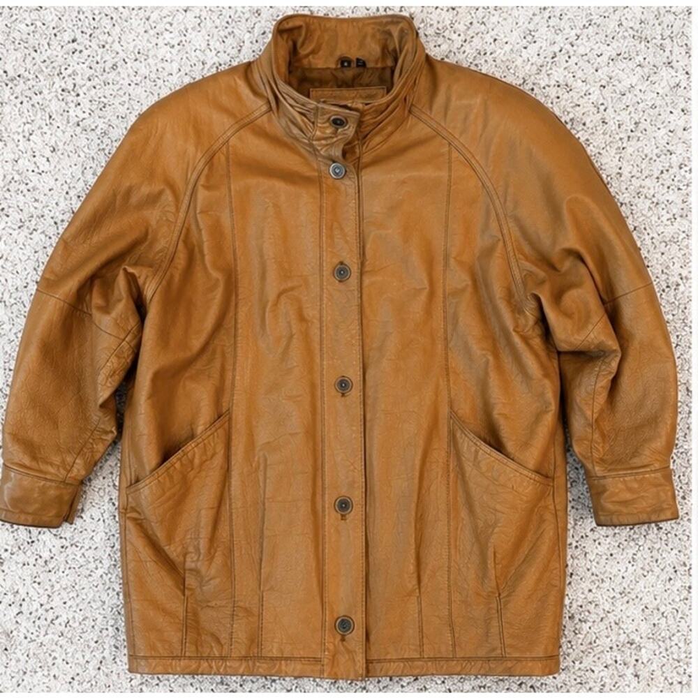 Vintage Jacqueline Ferrar Pelle Studio Leather Jacket Tan Button Front Coat S